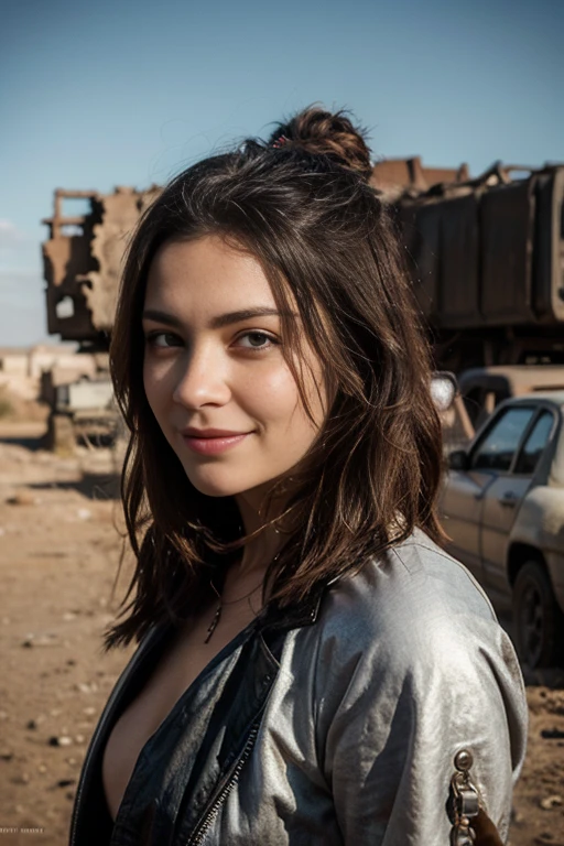 a woman, 25 year old, delicate, cheveux de longueur moyenne, cheveux bruns, skin details, sourire romantique, seductive look, pores de la peau, éclairé par les flashs des photographes, apocalypse, monde en ruine, mad max, tenue faite de cuire et de peau de bête, chained