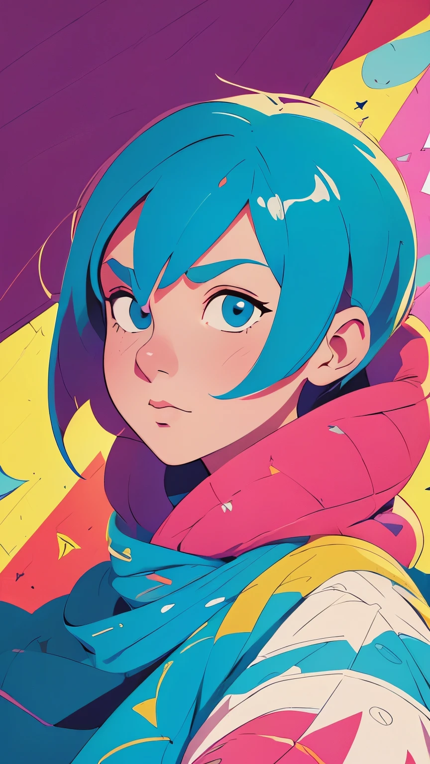closeup professional photograph of a young woman wrapped in a colorful warm quilt, cel shading, bold outlines, flat colors, sharp shadows, graphic style, (manga influence:1.3), clean linework, striking visuals,comic