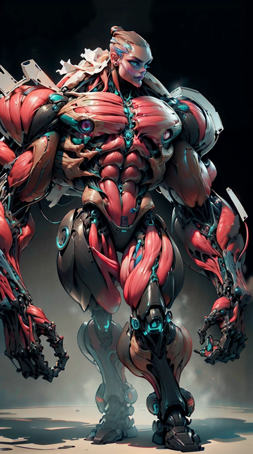 (1 girl), (cara delevingne), (muscular android girl wearing a black anatomic cybernetic muscle suit:1.25), (wide shoulders:1.25), (muscular defined physique:1.25), perfect hands, long hair, large breasts, high resolution image, extreme detail, blank background