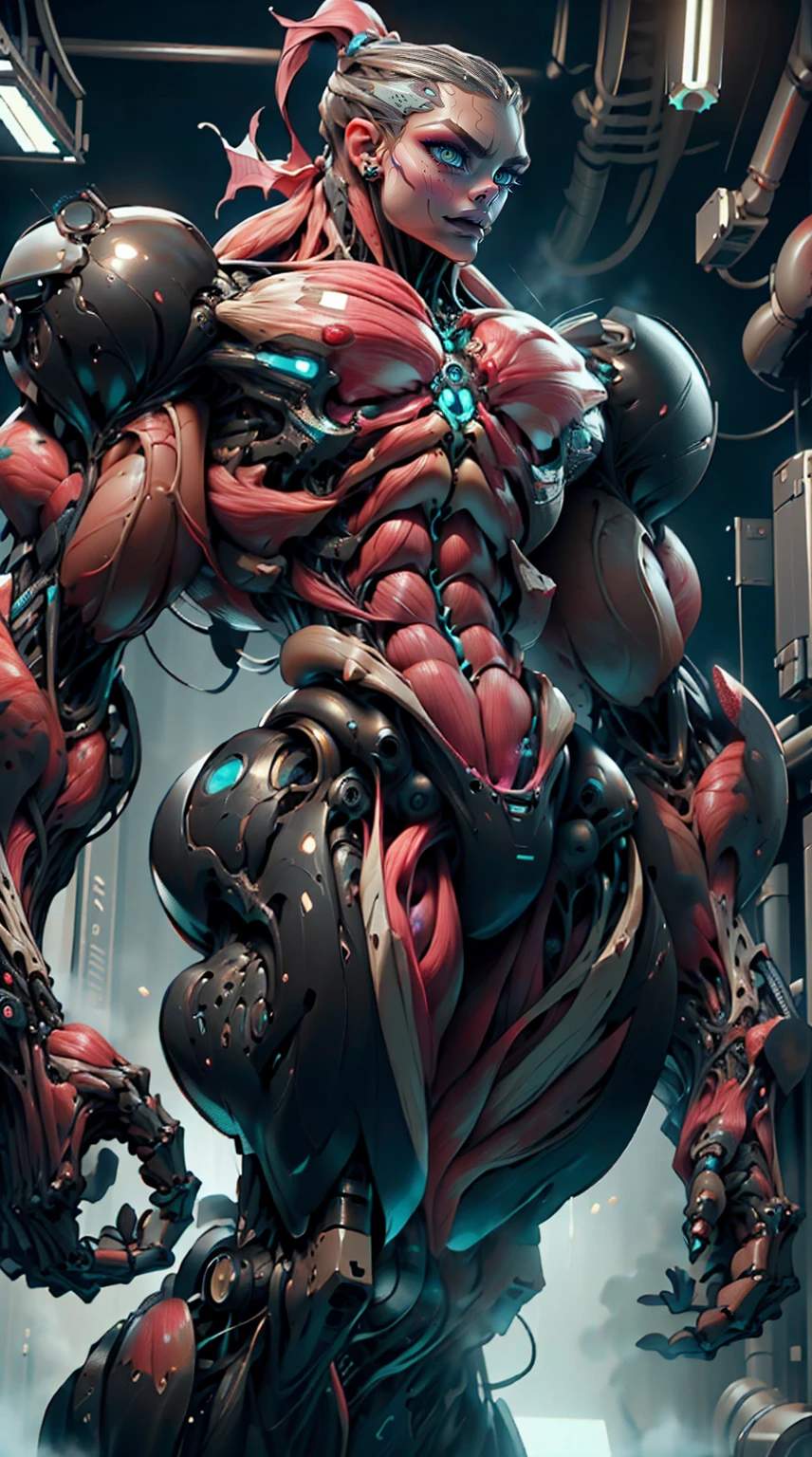(1 girl), (cara delevingne), (muscular android girl wearing a black anatomic cybernetic muscle suit:1.25), (wide shoulders:1.25), (muscular defined physique:1.25), perfect hands, long hair, large breasts, high resolution image, extreme detail, blank background