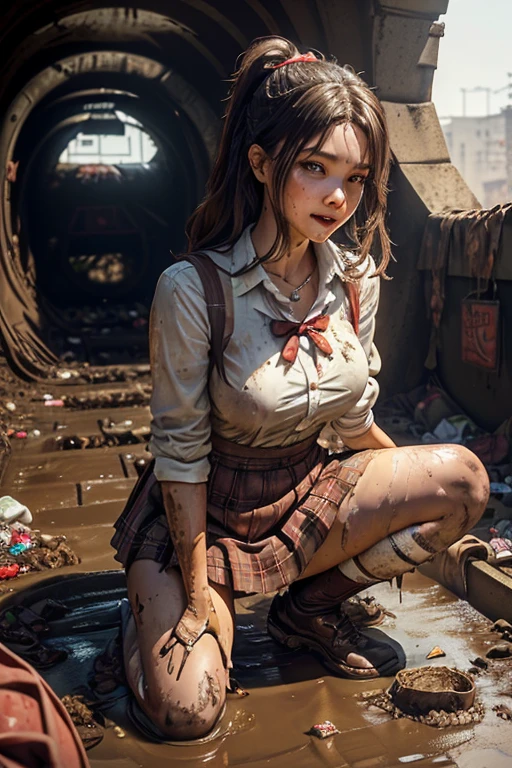 dirty white Pantyhose , School shoes, dirty white socks , waistband of skirt is at the point above chest , school girl big breast , red knot , red bow , skirt dark red , plaid skirt , pleated skirt , dirty white Shirt , realisitic、top-quality、crisp photos、((Brick underground tunnel、Foul-smelling sewer、Littered with filth、Sewage channels full of feces、a lot of garbage and junk、The dirtiest sewer))、Bricks are covered with moss、((beautiful a girl、Constricted waist、Neat face、Most beautiful face、Elaborate face、dense dirty brown hair、Refreshing look、Pleasant look、Happy expression、Joy covered in filth、Glad to get dirty))、(dirty school girl uniform、Tangier、brawn hair)、((long and beautiful legs are dirty、Lying face down on filth、Girl with beautiful ass、Scoop out filth with both hands、Beautiful girl's hair is covered in mud、The joy of lying in dirty sewage))、(((I want to smear filth all over my body.、A large amount of sewage flows down the head、The whole body is full of filth、Stick out your buttocks and open your legs、a large amount of dirty garbage and waste,,、Heaps of garbage))