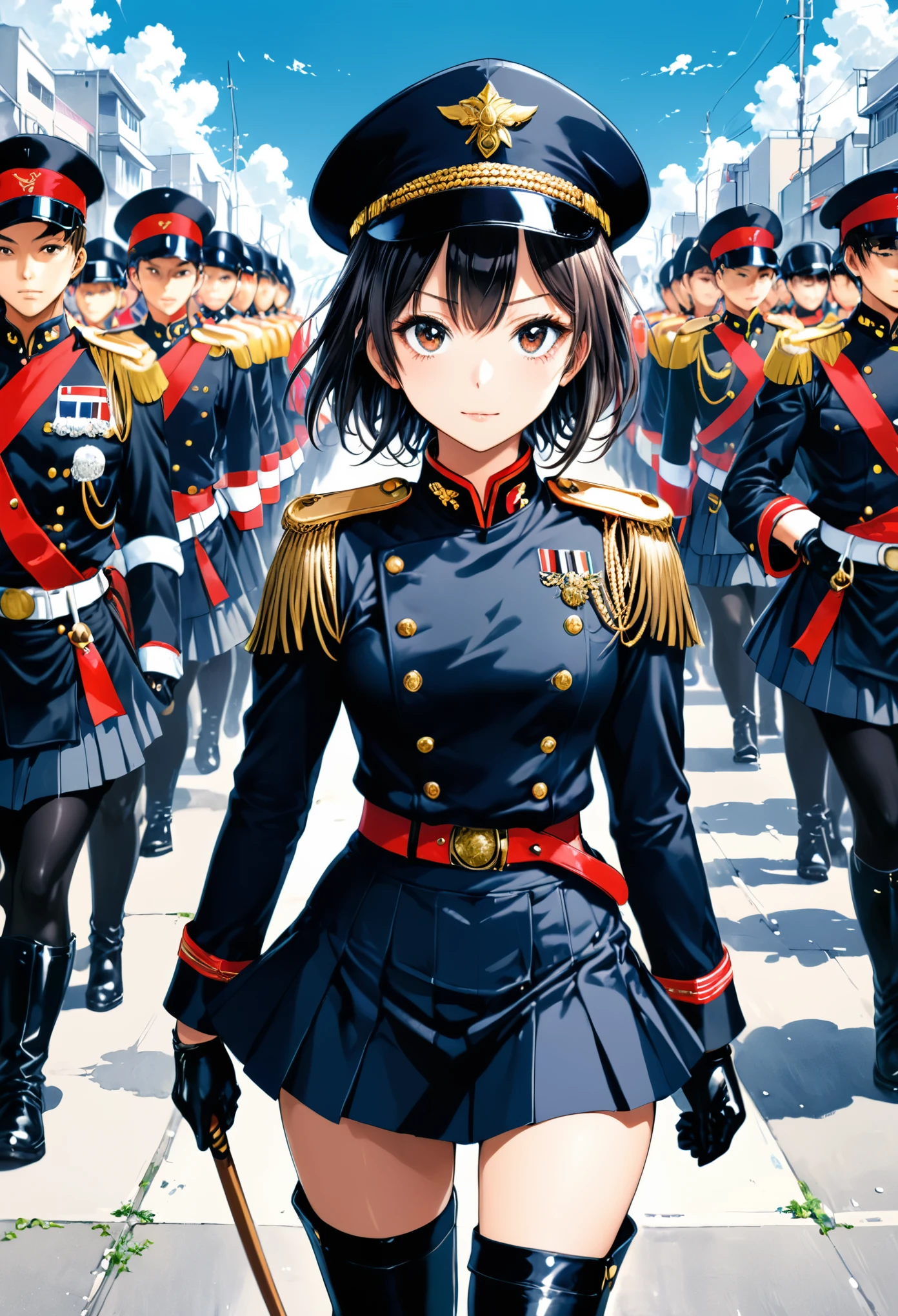 in style of Takeshi Obata,high res image,masterpiece,best quality,girl,cowboy shot,cute face,simple background,jyojifuku, marching,hat,boots,gloves,epaulettes,skirt,(vivid color:1.3),