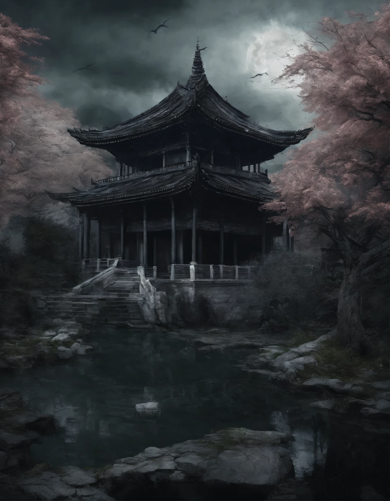 absurd, highres, ultra detailed, beautiful, masterpiece, best quality,Ancient temples, lush gardens, bright colors, quiet ponds, traditional architecture, cherry blossoms