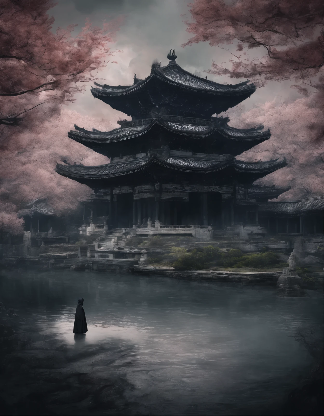 absurd, highres, ultra detailed, beautiful, masterpiece, best quality,Ancient temples, lush gardens, bright colors, quiet ponds, traditional architecture, cherry blossoms