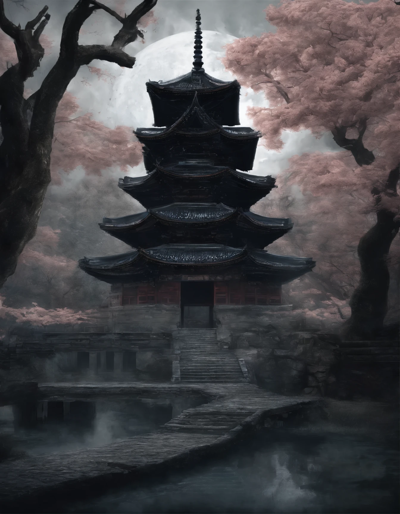 absurd, highres, ultra detailed, beautiful, masterpiece, best quality,Ancient temples, lush gardens, bright colors, quiet ponds, traditional architecture, cherry blossoms