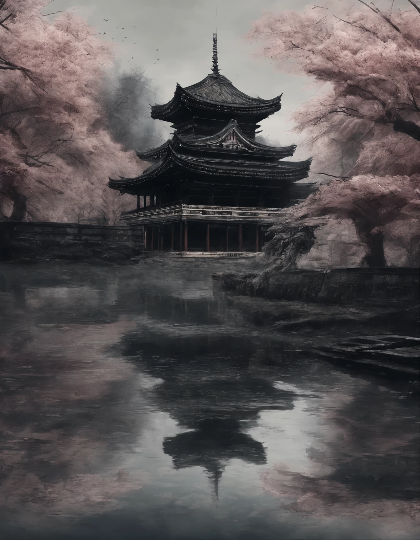 absurd, highres, ultra detailed, beautiful, masterpiece, best quality,Ancient temples, lush gardens, bright colors, quiet ponds, traditional architecture, cherry blossoms