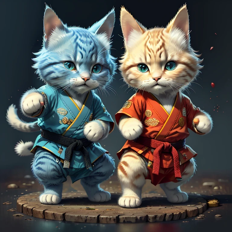 highest quality,Very detailed,Realistic,(photoRealistic:1.37),《Cat in clothes》、Anthropomorphic performance、Shaggy black cat,Adorable,soft,fuzzy,Playful,Expressive blue eyes,small, Rounded body,Small feet、Doing Tai Chi,Vibrant colors,Warm lighting,Are standing、White karate uniform、surprised、（Kicking:1.5）、High Kick、