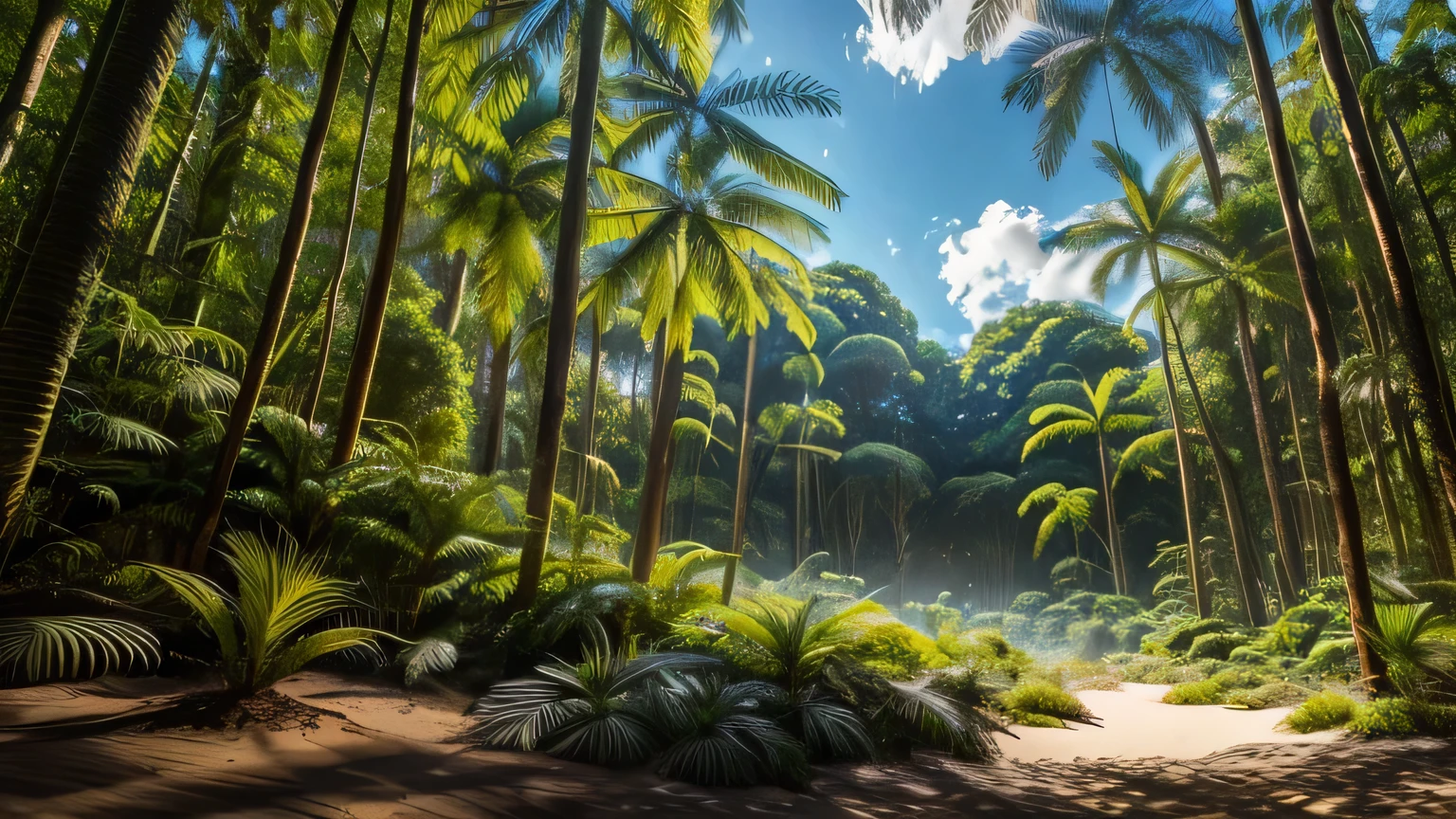 Jurassic forest, Paleozoic, blue sky, Giant ferns, giant horsetail, foreground sand, sandy glade, Realistic, cinematic