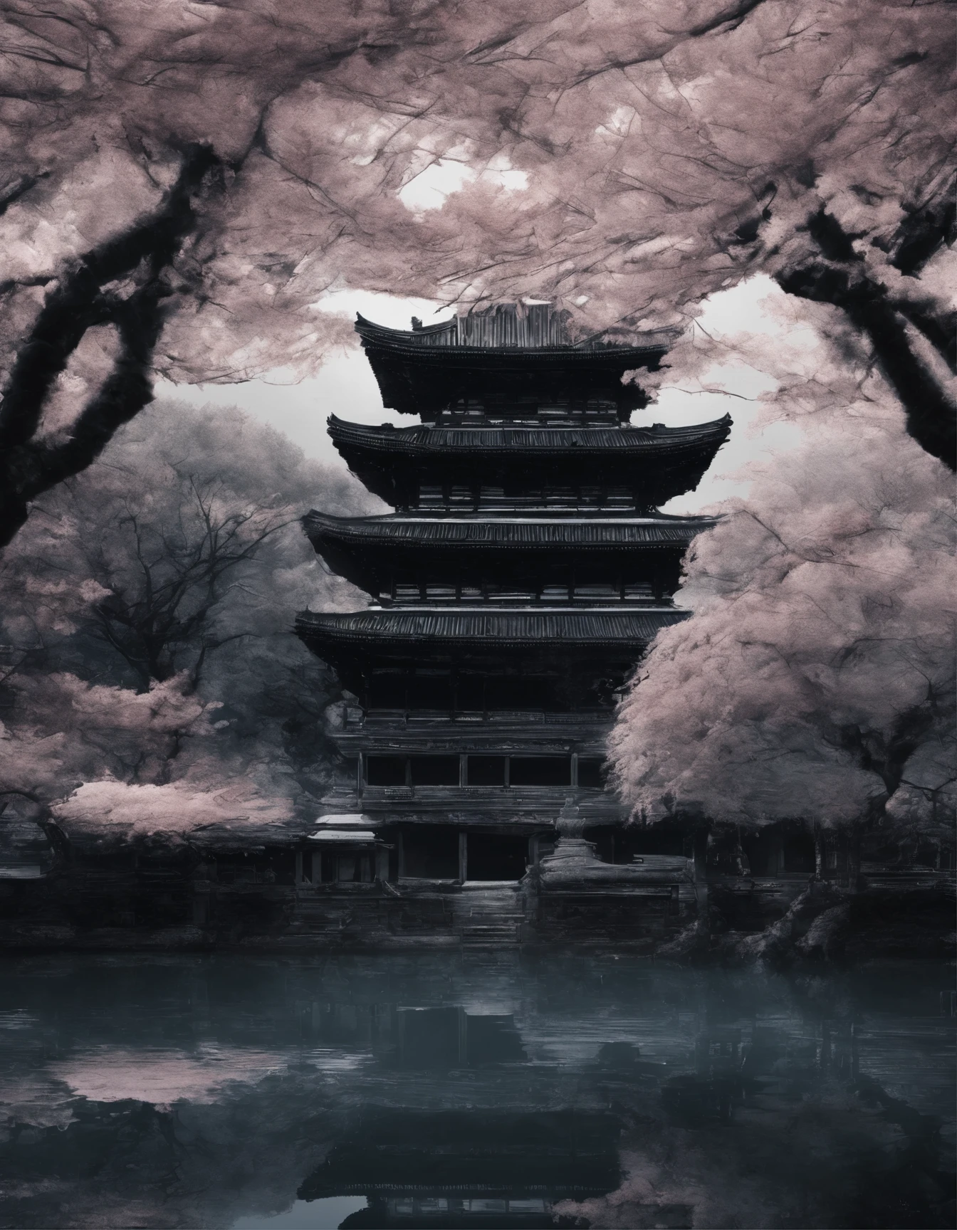 absurd, highres, ultra detailed, beautiful, masterpiece, best quality,Ancient temples, lush gardens, bright colors, quiet ponds, traditional architecture, cherry blossoms