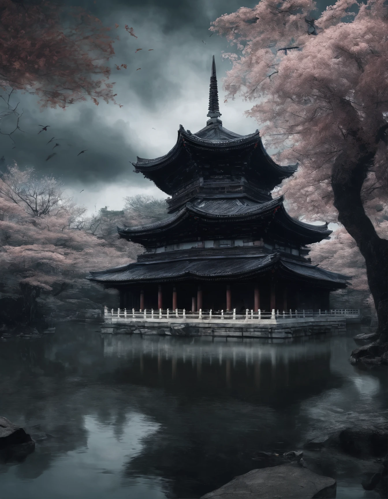 absurd, highres, ultra detailed, beautiful, masterpiece, best quality,Ancient temples, lush gardens, bright colors, quiet ponds, traditional architecture, cherry blossoms