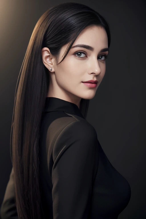 (ultra-realistic realism)、(illustration)、(A high resolution)、(8K)،(The black outfit is very detailed)、(Best Illustration)、Professional lighting、(Beautifully detailed eyes)、(top-quality)、(ultra-detailed)、(tmasterpiece)、(the wallpaper)、(A detailed face)、ONE GIRL WEARING A FUCSIA TRAje, admiring the viewer、Smooth, sleek black fabric、Subtle sheen and texture、(tailored fit accentuating curves)、Long, straight hair•, Perfect posture, Confident expression,"