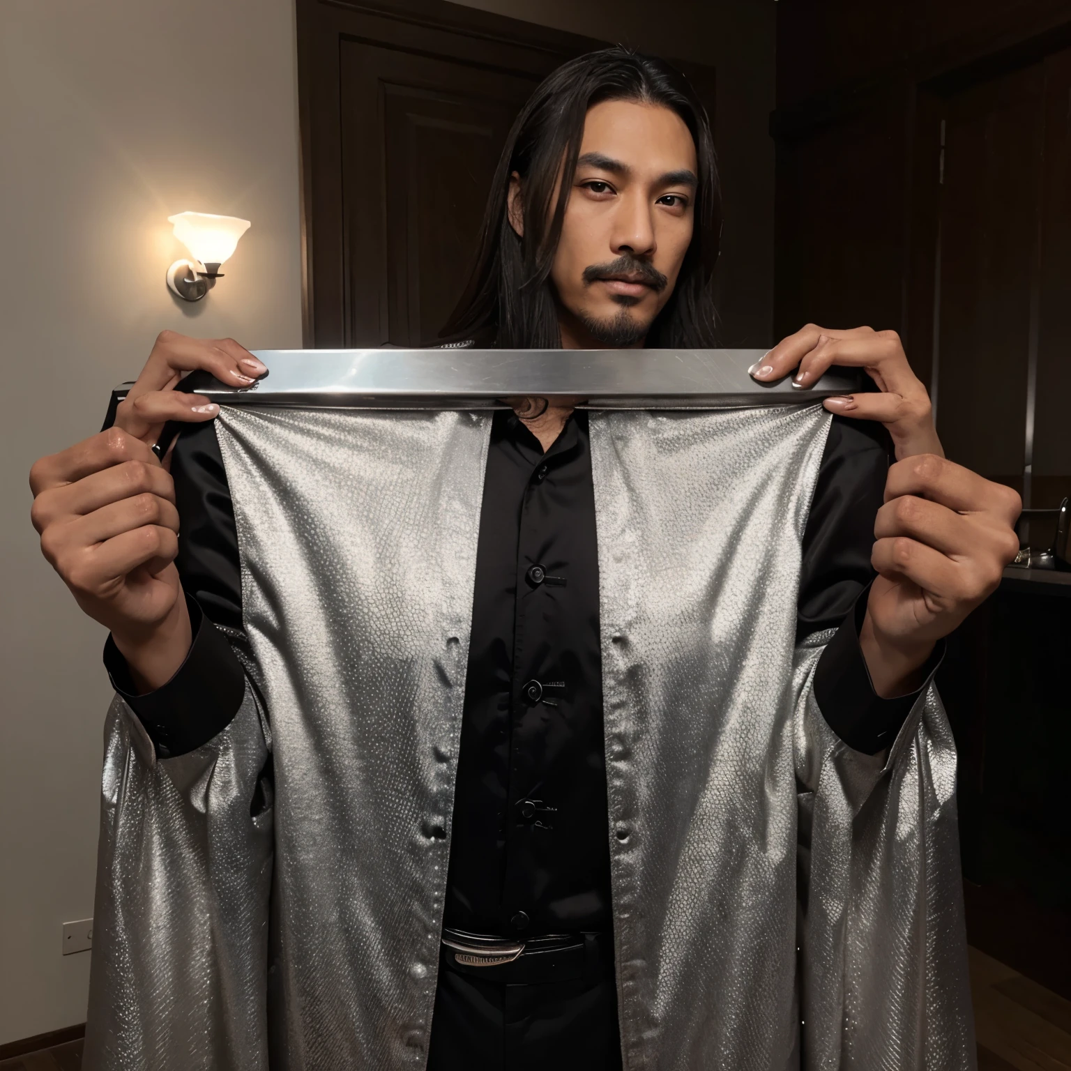 asian male, 6’3, brown hunter eyes, toned perfect physique, veiny hands and long fingers with silver rings, black silky wolf cut, thin mustache and goatee