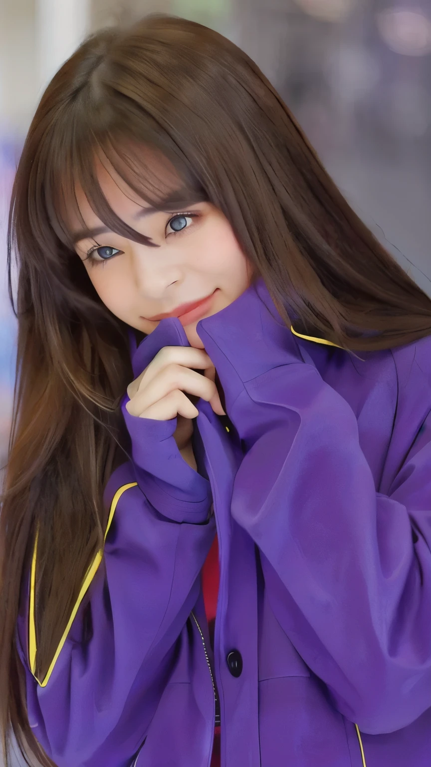 beautiful girl with long hair and a purple jacket, blushing 