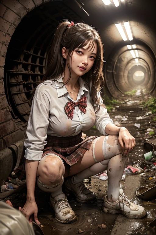 dirty white Pantyhose , School shoes, dirty white socks , waistband of skirt is at the point above chest , school girl big breast , red knot , red bow , skirt dark red , plaid skirt , pleated skirt , dirty white Shirt , realisitic、top-quality、crisp photos、((Brick underground tunnel、Foul-smelling sewer、Littered with filth、Sewage channels full of feces、a lot of garbage and junk、The dirtiest sewer))、Bricks are covered with moss、((beautiful a girl、Constricted waist、Neat face、Most beautiful face、Elaborate face、dense dirty brown hair、Refreshing look、Pleasant look、Happy expression、Joy covered in filth、Glad to get dirty))、(dirty school girl uniform、Tangier、brawn hair)、((long and beautiful legs are dirty、Lying face down on filth、Girl with beautiful ass、Scoop out filth with both hands、Beautiful girl's hair is covered in mud、The joy of lying in dirty sewage))、(((I want to smear filth all over my body.、A large amount of sewage flows down the head、The whole body is full of filth、Stick out your buttocks and open your legs、a large amount of dirty garbage and waste,,、Heaps of garbage))