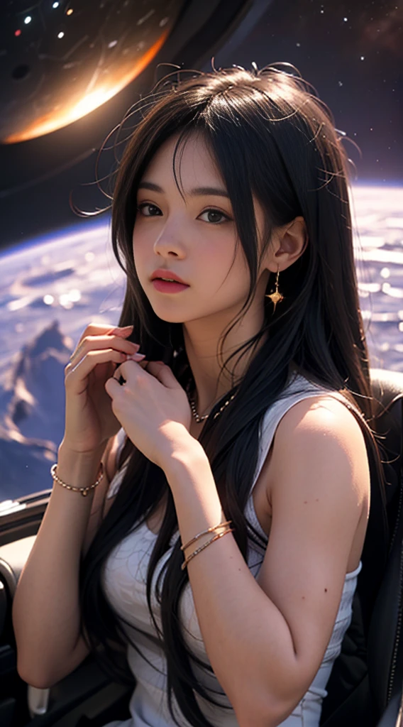 "Create a series of detailed images of a young woman wandering through the stars. She is immersed in a stunning cosmos, where bright constellations and colorful nebulae dot the infinite space around her. The young woman, dressed in a futuristic and elegant outfit, gracefully floats among the stars, her long hair gently waving in the vacuum of space. Her expression is one of wonder and awe as she contemplates the vastness of the universe and the beauty of distant galaxies. In some images, she can be seen gently touching the stars, while in others, she lies on a stellar cloud, lost in deep thoughts about the meaning of life and the cosmos. Each image captures the magic and mystery of outer space as the young woman navigates the unknown in search of her own journey of self-discovery and cosmic adventure. What is the fate of this star explorer? What secrets will she uncover in the depths of the cosmos