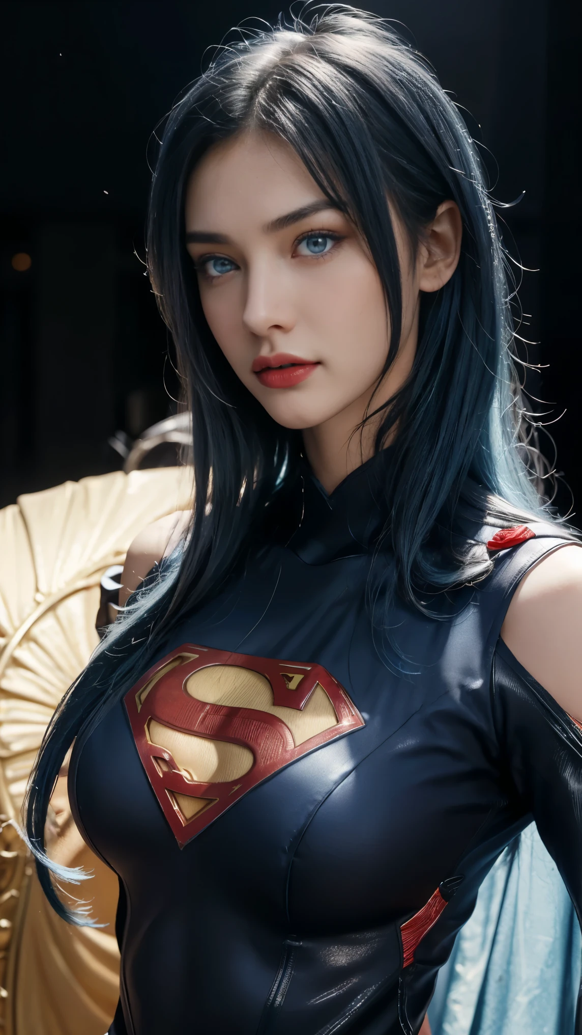 8K, Top Quality, Intricate Details, Ultra Detail, Ultra High Resolution, Masterpiece, close up shot, (full body: 1.1), Slender, Smile, (Makeup: 0.4), (Fluffy blue Eyes: 1.21), (()), 1girl, solo, 1 girl, ((blue hair, bangs, long hair)), close up shot, , ((tall)), (((fit body))), (((slim face))), sharp face, (())  ,(detailed face), sharp face, small lips, , 
 ((,superman suit )), , ((,)),detailed face, detailed breast, , ((large breast, huge breast )), , Narrow Waist, Skinny, tall , 175 cm tall,  Muscular, Navel, Exposed Abdomen, Pointed Chest,, Beautiful girl with accentuated slender abs: 1.4, Six Pack Abs: 1.4, Bust Botox, Big, Perfect Body, detail leg, (( dark background)), black background,