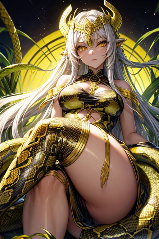 Gorgon Woman with snake hair snakeskin dress yellow eyes looking at viewer with golden scales
