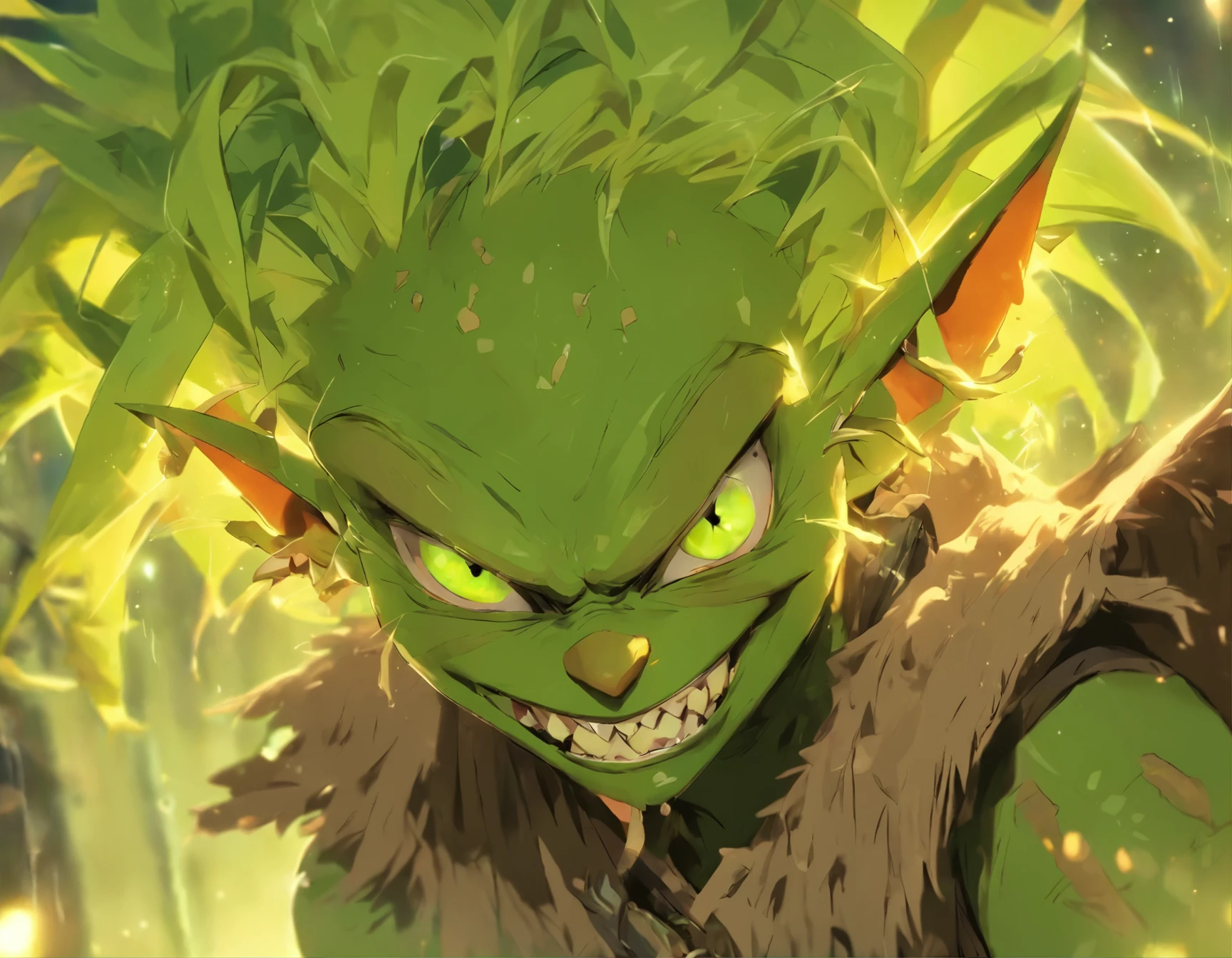 (masterpiece), (Very complicated:1.3), Female Goblin, small, short, 2 feet tall, light green skin, Dirty skin, length, Pointed ears slightly bent, Her sharp teeth、Partially decayed due to poor dental hygiene。, Her messy green hair hangs down in tangles around her face., Her bright green eyes are partially hidden., She is wearing a tattered poncho, barefoot, Big stupid hatred, cute