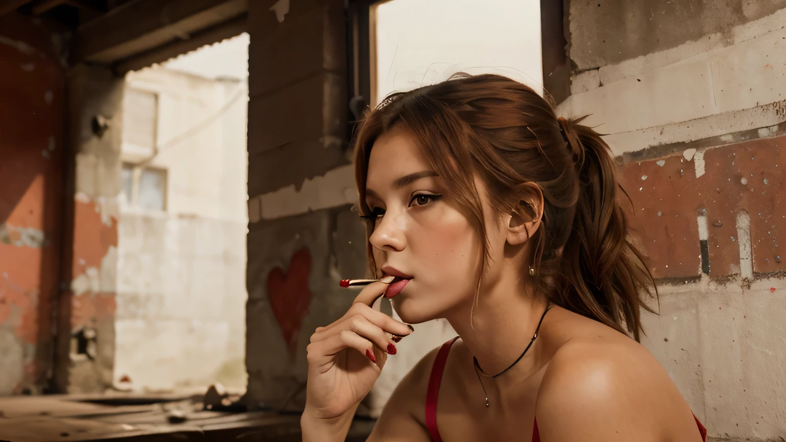 {{Image of a red broken heart drawn on the wall}}} {{Image of a girl smoking next to a cigarette}} vibrant colors 8k quality