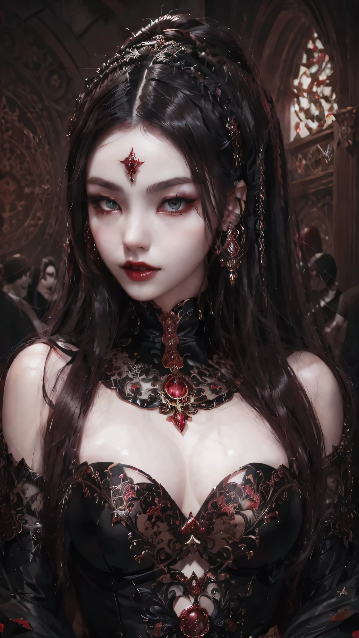 a beautiful dark fantasy female vampire with black & red ornate jewels carved into her pale white skin, midbody portrait, stunning face, amazing eyes, magical circles in background, dark mystical, inspired by Anna Dittman, Artgerm & Karol Bak