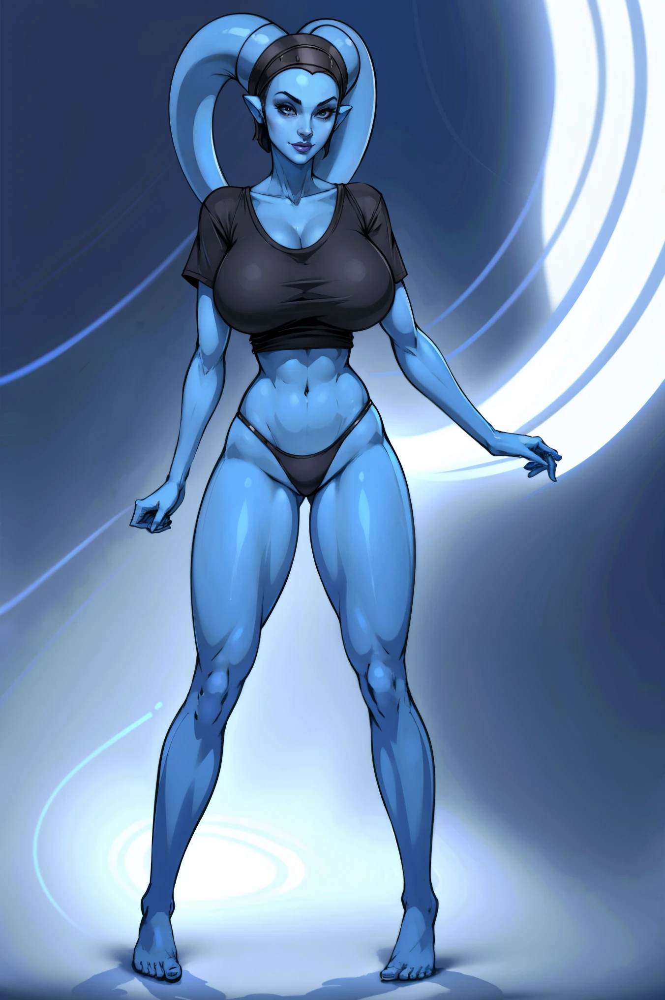 Tall, (thin), Blue Skin Twi'lek with (huge breasts) wearing an oversized t-shirt, panties, huge breasts, tall, graceful, (tall), slim hips, small waist, full-body shot