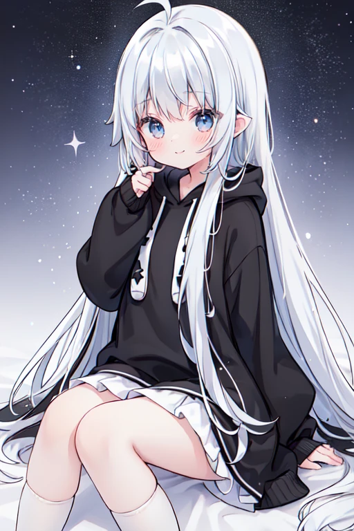  (Shiny skin), black hoodie, White Skirt, Straight hair, Princess Hairstyles, Ahoge ,White long knee socks,smile,(highest quality, masterpiece), 1 girl, Long Hair, Gray Hair, Starry Sky, Long Hair, (Clear bright blue eyes), Ahoge, idiot girl, Black and white dresses, (space)), low length, Soft Light,