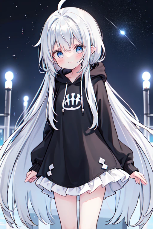  (Shiny skin), black hoodie, White Skirt, Straight hair, Princess Hairstyles, Ahoge ,White long knee socks,smile,(highest quality, masterpiece), 1 girl, Long Hair, Gray Hair, Starry Sky, Long Hair, (Clear bright blue eyes), Ahoge, idiot girl, Black and white dresses, (space)), low length, Soft Light,