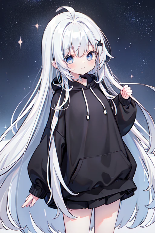 (Shiny skin), black hoodie, White Skirt, Straight hair, Princess Hairstyles, Ahoge ,White long knee socks,smile,(highest quality, masterpiece), 1 girl, Long Hair, Gray Hair, Starry Sky, Long Hair, (Clear bright blue eyes), Ahoge, idiot girl, Black and white dresses, (space)), low length, Soft Light,