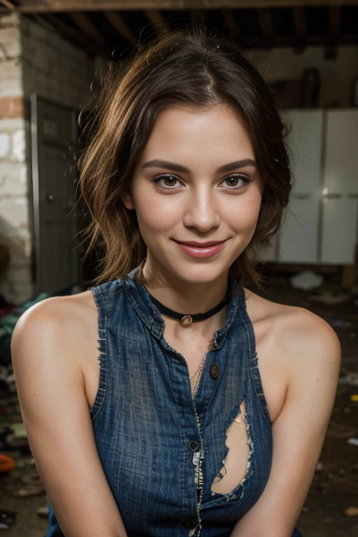a woman, 25 year old, delicate, cheveux de longueur moyenne, cheveux bruns, skin Details, sourire romantique, seductive look, pores de la peau, éclairé par les flashs des photographes, in an abandoned garage, chained, prisoner, scotch sur la bouche, torn clothes