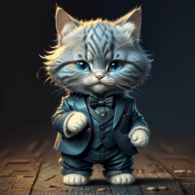 highest quality,Very detailed,Realistic,(photoRealistic:1.37),《Cat in clothes》、Anthropomorphic performance、Shaggy black cat,Adorable,soft,fuzzy,Playful,Expressive blue eyes,small, Rounded body,Small feet、Doing Tai Chi,Warm lighting,Are standing、suit、tuxedo、(Kicking:1.5)、High Kick、
