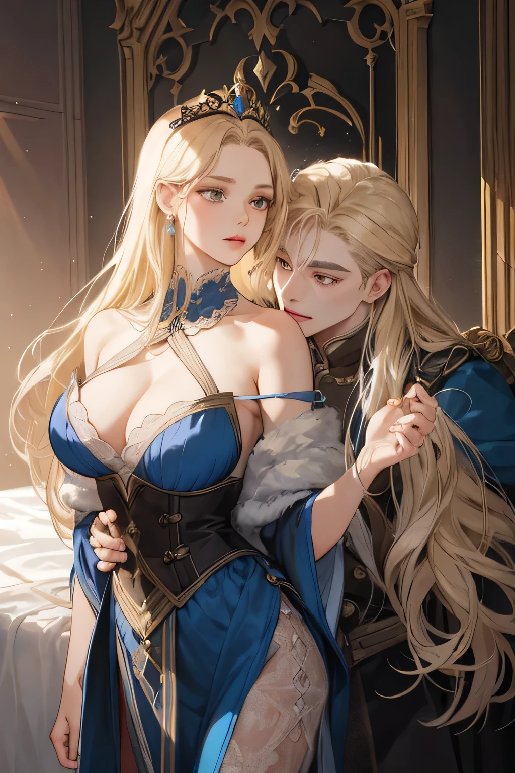 Empress and emporer, old women and old man, women, man, beautyfull and handahome, power, very tall, big body, perfect body, elegant, kharisma, shine, cool, depicting Equal eyes, (A female god) Look at camera, depicting delicate facial features, empress white long hair,emporer blonde long hair, empress black eye, emporer grey eyes, blue silk clother couple,Lace,Shoulders exposed,bedroom fantasy backgroud,Contre-Jour,Cinematic texture,Light and shadow changes,Europe,Middle Ages,Pull half of your body closer, medieval fantasy, emporer with long hair blonde, empress with long hair white, emporer with long hair blonde, empress with long hair white, emporer with long hair blonde, empress with long hair white,