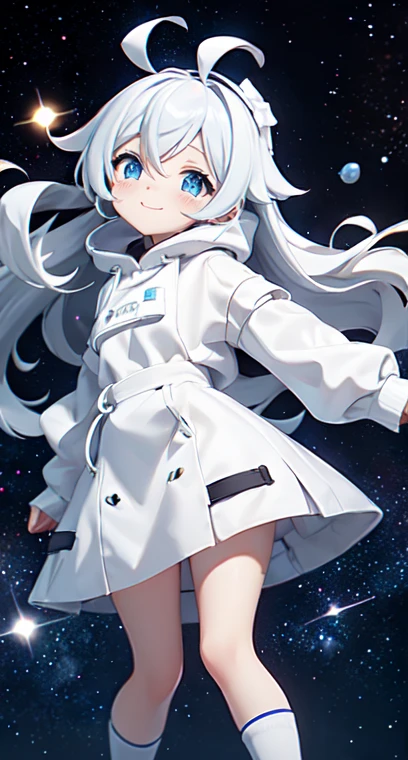  (Shiny skin), White hoodie, Black Skirt, Straight hair, Princess Hairstyles, Ahoge ,White long knee socks,smile,(highest quality, masterpiece), 1 girl, Long Hair, Gray Hair, Starry Sky, Long Hair, (Clear bright blue eyes), Ahoge, idiot girl, Black and white dresses, (space)), low length, Soft Light,