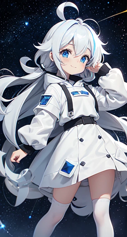  (Shiny skin), White hoodie, Black Skirt, Straight hair, Princess Hairstyles, Ahoge ,White long knee socks,smile,(highest quality, masterpiece), 1 girl, Long Hair, Gray Hair, Starry Sky, Long Hair, (Clear bright blue eyes), Ahoge, idiot girl, Black and white dresses, (space)), low length, Soft Light,