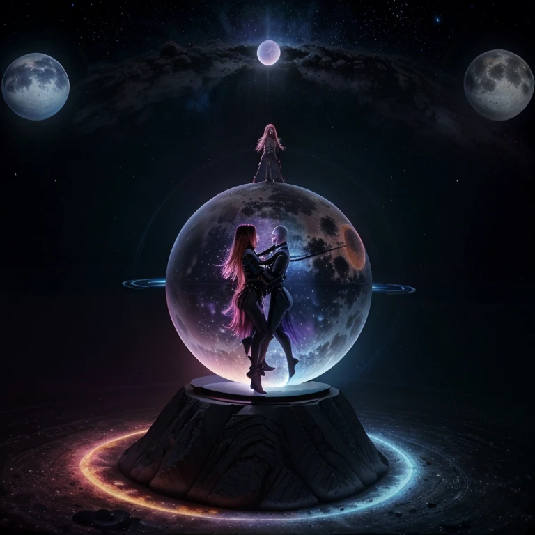 2 slender aliens, one tall bald male and one female with long hair both dancing together on top of a planet sphere of blue, purple, punk and black colors. The background is lined with multiple moons, nebulas and colors of oranges, reds, purple, pink and black.