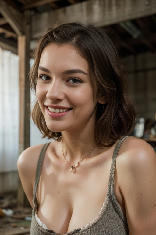 a woman, 25 year old, delicate, cheveux de longueur moyenne, cheveux bruns, skin Details, sourire romantique, seductive look, pores de la peau, éclairé par les flashs des photographes, in an abandoned garage, chained, prisoner, scotch sur la bouche, torn clothes