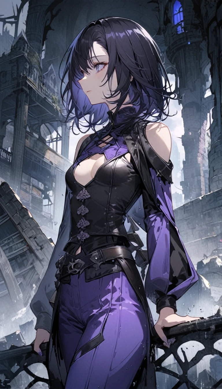 Fille, seule, side view, regarde le ciel, cheveux mi long violet, moyens seins, tenue noir fantasy, pantalon en cuir, low-cut. Pluie. Ruines