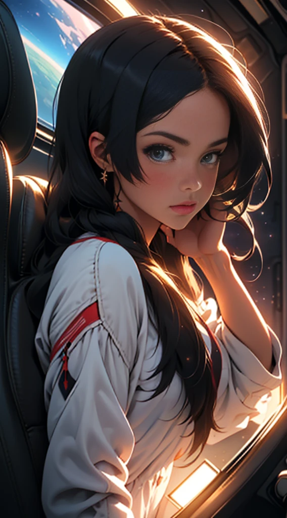 "Create a series of detailed images of a young woman wandering through the stars. She is immersed in a stunning cosmos, where bright constellations and colorful nebulae dot the infinite space around her. The young woman, dressed in a futuristic and elegant outfit, gracefully floats among the stars, her long hair gently waving in the vacuum of space. Her expression is one of wonder and awe as she contemplates the vastness of the universe and the beauty of distant galaxies. In some images, she can be seen gently touching the stars, while in others, she lies on a stellar cloud, lost in deep thoughts about the meaning of life and the cosmos. Each image captures the magic and mystery of outer space as the young woman navigates the unknown in search of her own journey of self-discovery and cosmic adventure. What is the fate of this star explorer? What secrets will she uncover in the depths of the cosmos