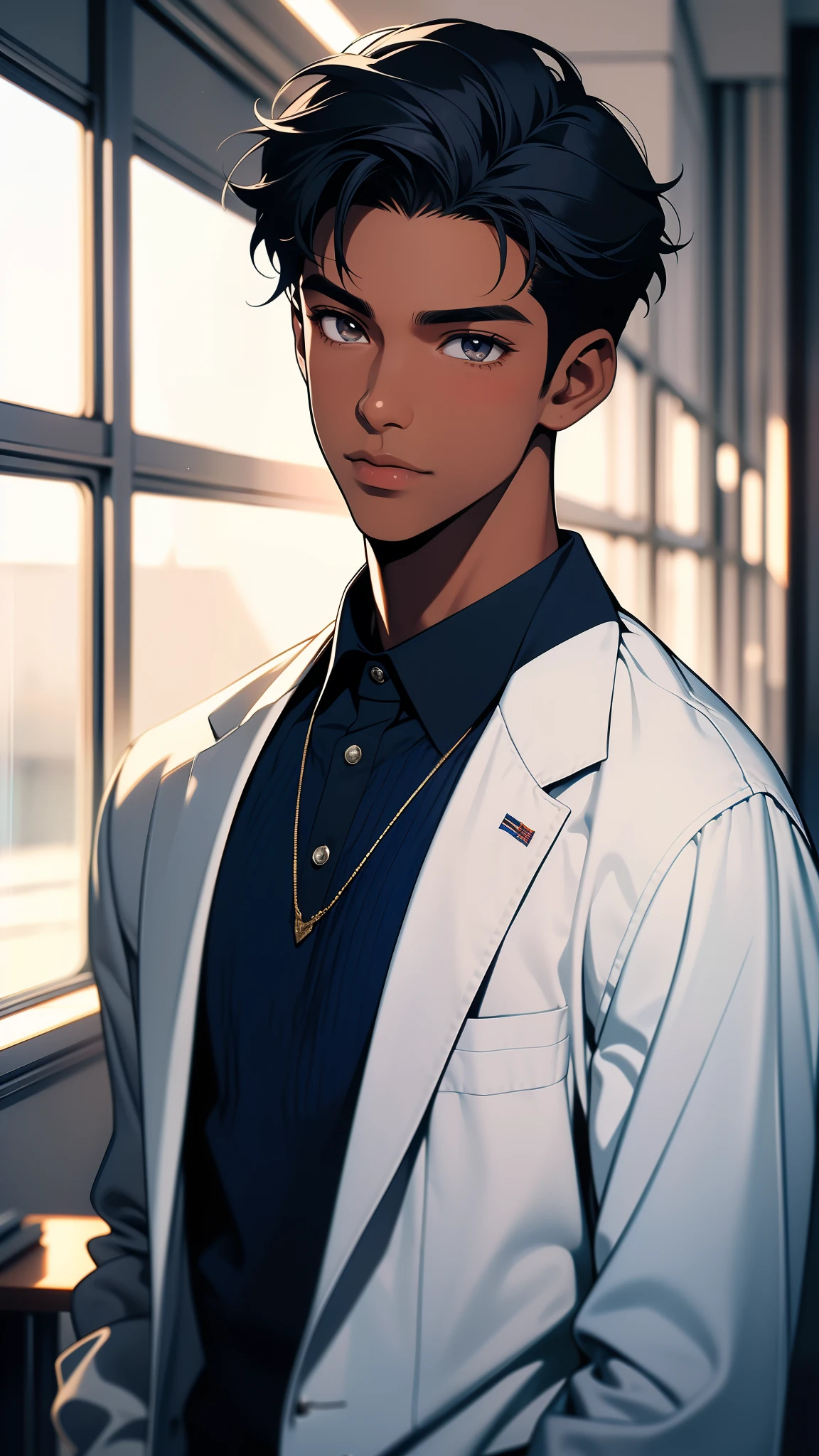 A young black boy high school student of 18 years of European appearance with dark skin color, straight black hair with a very American cut, dark eyes, and is apparently short, has a gentle face without wrinkles or hair, is wearing white clothes. dark blue English student, he is inside an English secondary school,
