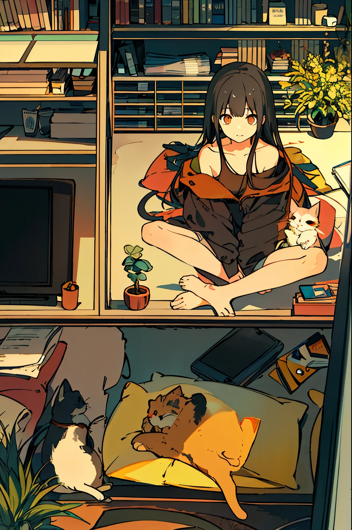 One Girl, From above, plant, Black Hair, Cat, Lying down, indoor, Holding, Long sleeve, Long Hair, 動物のstuffed toy, potted plant, Book, food, window, Telephone, Fully equipped interior, tv set, short hair, behind, stuffed toy, bangs, slipper, barefoot, Sitting, Bookcase, shelf, cable, computer