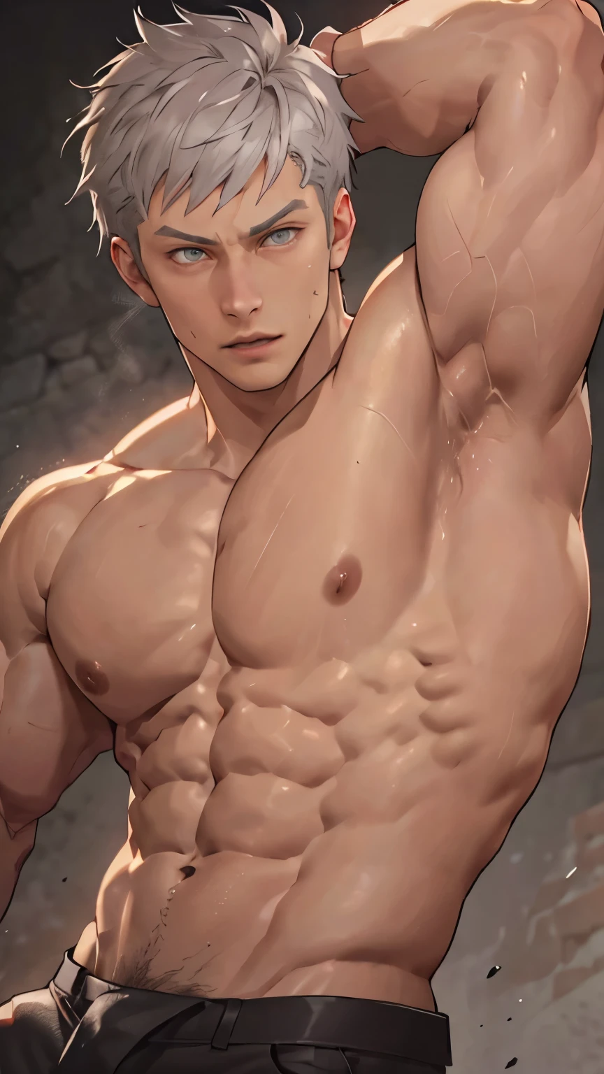 ((the best quality)), ((Masterpiece)), (details), perfect face, high definition, Masterpiece,4k,details clearly, Handsome face, white skin, perfect body, male body, strong muscles, wavy abdominal muscles, Abs, dark Brown eyes, white skin, The most handsome man in the world, handsome, The coolest face, Male characters, challenge, Show off your body, Strong breasts, beautiful eyes((eyes detailed, Open eyes)), look clearly., Gray Hair, short hair((hair detailed))