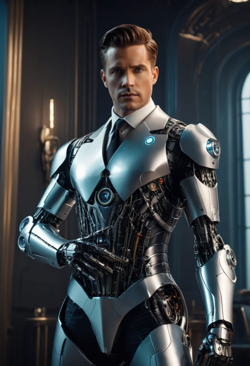 An impeccably dressed gentleman, Retro-futuristic robotics, Cinematic film still, (masterpiece, best quality, Professional, perfect composition, very aesthetic, absurdres, ultra-detailed, intricate details:1.3)