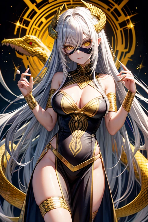 Gorgon Woman with snake hair snakeskin dress yellow eyes looking at viewer with golden scales