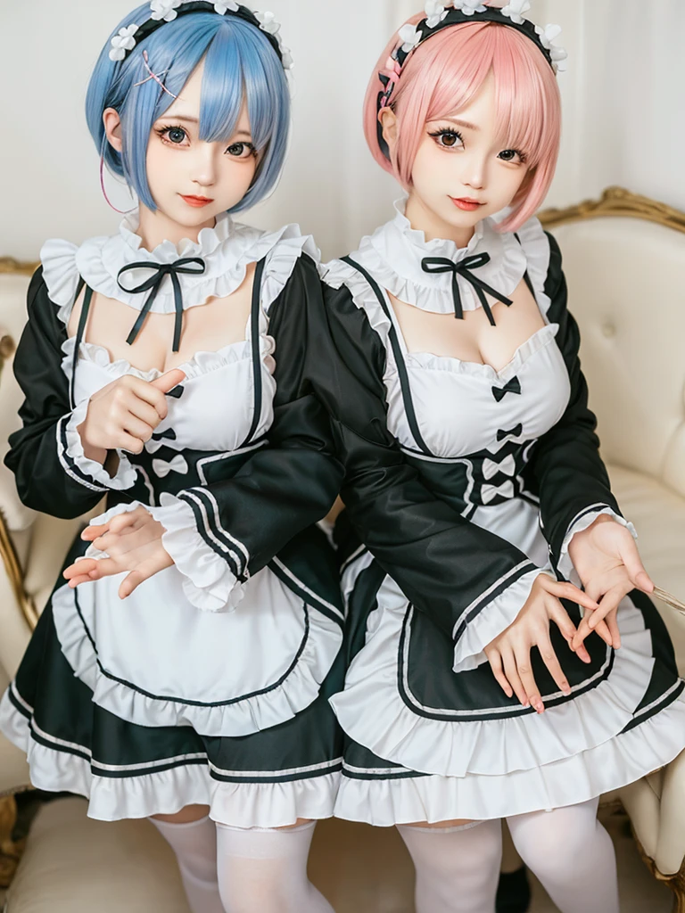 Accurate depiction with high resolution,(8K, Photorealistic, Raw photo, of the highest quality: 1.3), (1girl in), Super beautiful, (Realistic face), (boyish, pink Color Berry Shorthair), Beautiful , Glare that captivates the viewer, Beautiful expression, Beautiful breasts, (Realistic skin), Be...Create a detailed and colorful image of Ram and Rem from Re:Zero, standing back-to-back in their maid outfits, with a magical fantasy background、14years old, two girls,cute, perfect face, beautiful, nice body, gothic lolita clothes, gothic lolita fashion, frilly skirt, headdress, necklace, bracelet, knee-high socks, boots, double eyelids, tear bags, Detailed down to the fingers, photo-like description, indoors, dim indoor lighting, one girl is pink hair and short bob, another girl is light blue hair and short bob,standing,whole body, composition that shows the whole body, smiling,The Both of them are wearing the same type of maid outfit,Optimal ratio of 4 fingers and 1 thumb