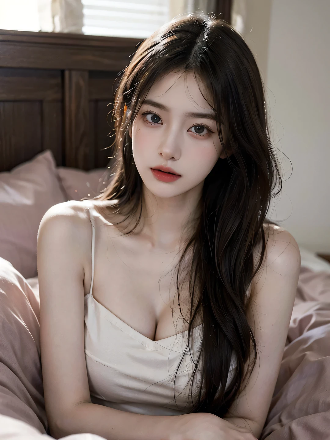 1girl, (looking at viewer:1.2), detail face, (a girl standing, rending on cgsociety, Lying in bed,There are rose petals on the bed), romanticism, atmospheric, (RAW photo, best quality), (realistic, photo-realistic:1.3), masterpiece, an extremely delicate and beautiful, extremely detailed, D cup,With cleavage,Lilac tube top dress,