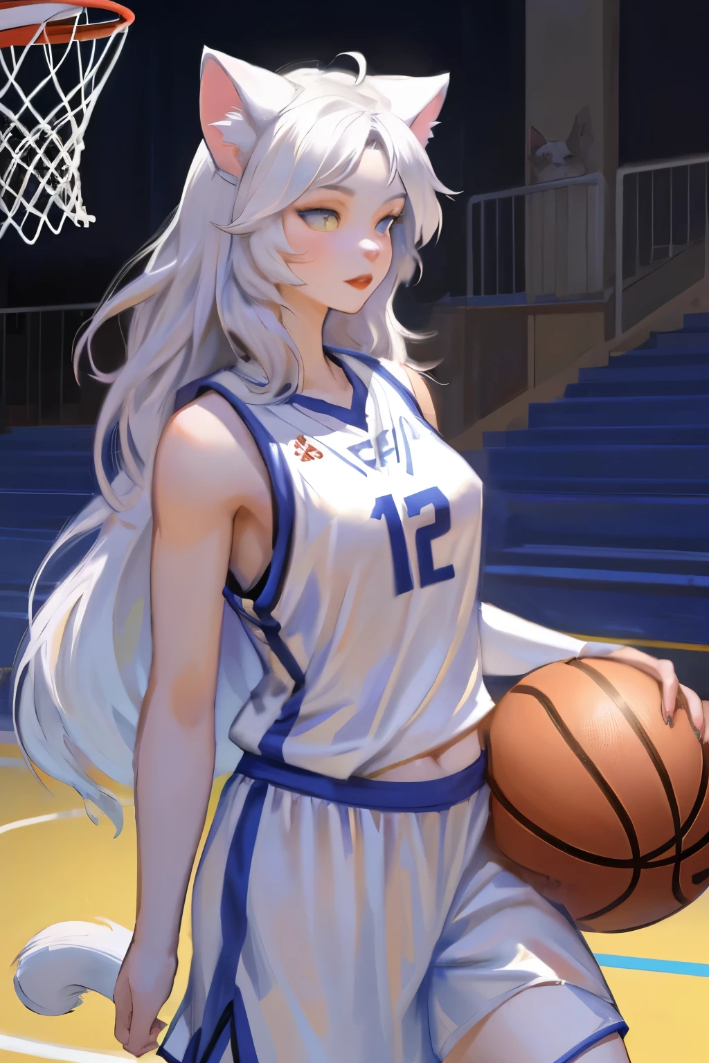 Female feline basketball player, furry white cat woman, cat ears 