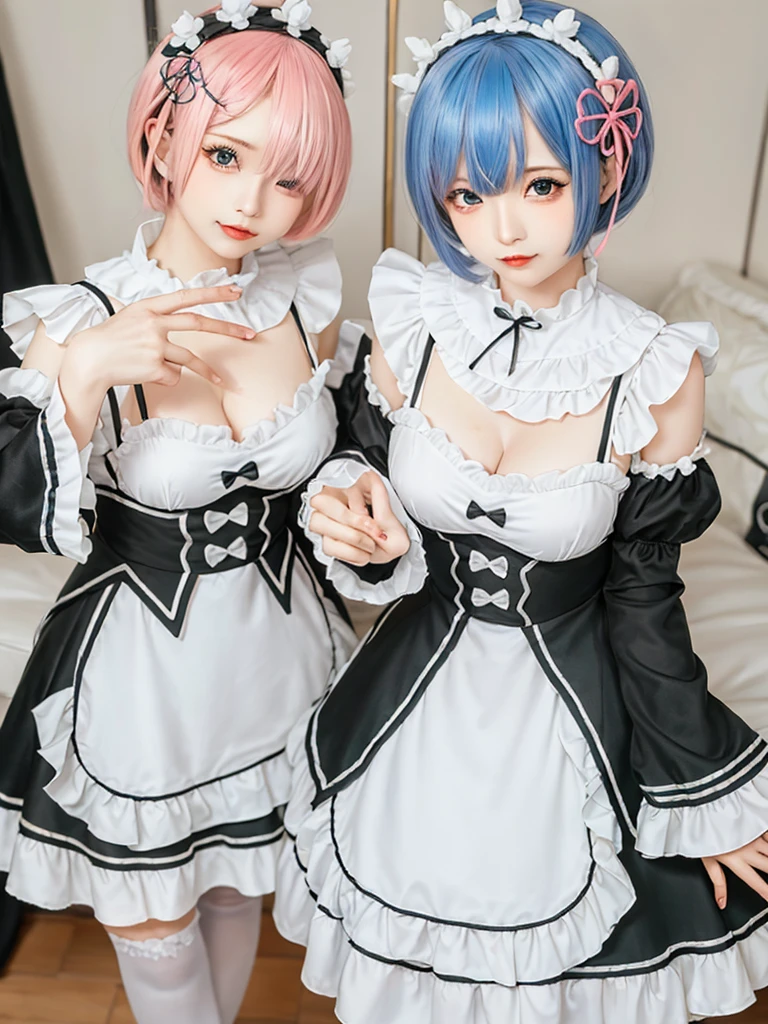 Accurate depiction with high resolution,(8K, Photorealistic, Raw photo, of the highest quality: 1.3), (1girl in), Super beautiful, (Realistic face), (boyish, pink Color Berry Shorthair), Beautiful , Glare that captivates the viewer, Beautiful expression, Beautiful breasts, (Realistic skin), Be...Create a detailed and colorful image of Ram and Rem from Re:Zero, standing back-to-back in their maid outfits, with a magical fantasy background、14years old, two girls,cute, perfect face, beautiful, nice body, gothic ta clothes, gothic loliashion, frilly skirt, headdress, necklace, bracelet, knee-high socks, boots, double eyelids, tear bags, Detailed down to the fingers, photo-like description, indoors, dim indoor lighting, one girl is pink hair and short bob, another girl is light blue hair and short bob,standing,whole body, composition that shows the whole body, smiling,The Both of them are wearing the same type of maid outfit,Optimal ratio of 4 fingers and 1 thumb