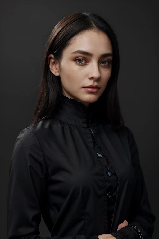 (ultra-realistic realism)、(illustration)、(A high resolution)、(8K)،(The black outfit is very detailed)、(Best Illustration)、Professional lighting、(Beautifully detailed eyes)、(top-quality)、(ultra-detailed)、(tmasterpiece)、(the wallpaper)、(A detailed face)、ONE GIRL WEARING A BLACK TRAje, admiring the viewer、Smooth, sleek black fabric、Subtle sheen and texture、(tailored fit accentuating curves)、Long, straight hair•, Perfect posture, Confident expression,"