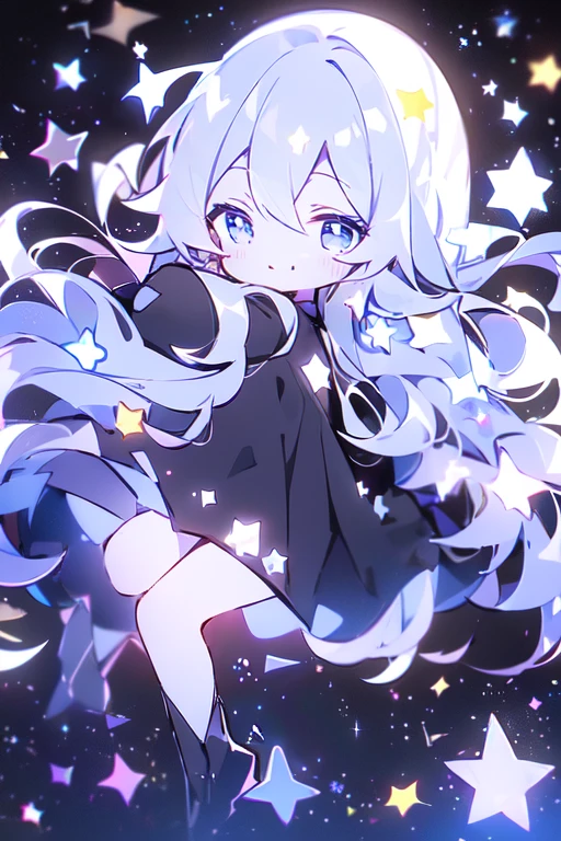(Shiny skin), black hoodie, White Skirt, Straight hair, Princess Hairstyles, Ahoge ,White long knee socks,smile,(highest quality, masterpiece), 1 girl, Long Hair, Gray Hair, Starry Sky, Long Hair, (Clear bright blue eyes), Ahoge, idiot girl, Black and white dresses, (space)), low length, Soft Light,