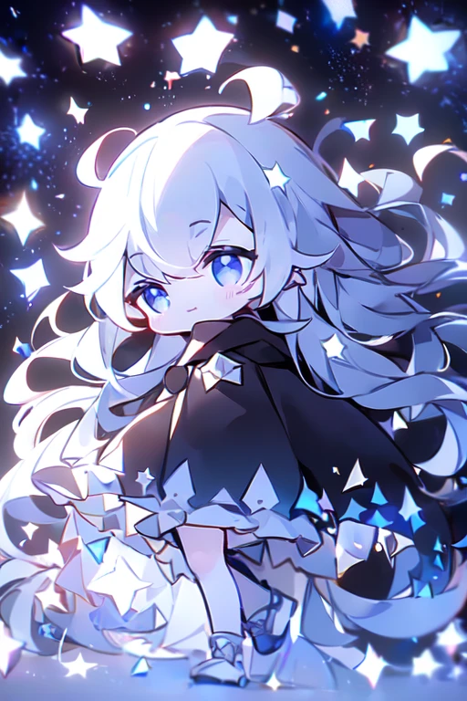  (Shiny skin), black hoodie, White Skirt, Straight hair, Princess Hairstyles, Ahoge ,White long knee socks,smile,(highest quality, masterpiece), 1 girl, Long Hair, Gray Hair, Starry Sky, Long Hair, (Clear bright blue eyes), Ahoge, idiot girl, Black and white dresses, (space)), low length, Soft Light,