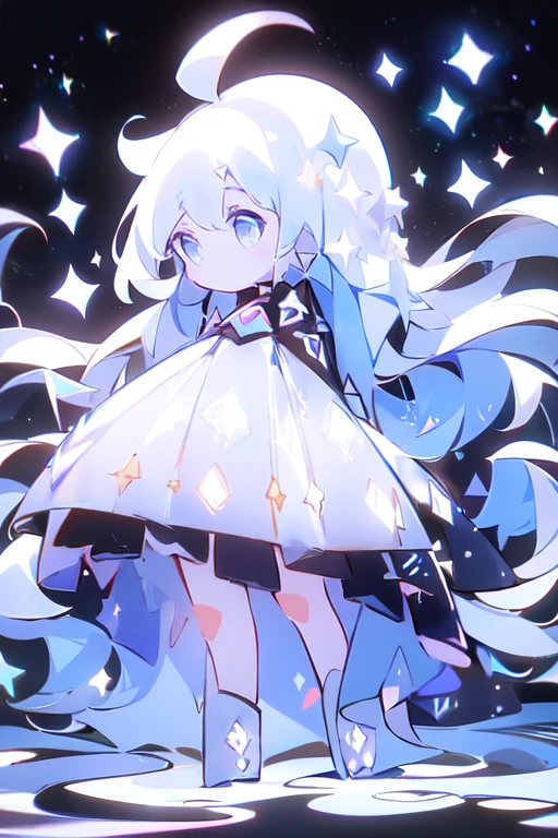 (Shiny skin), black hoodie, White Skirt, Straight hair, Princess Hairstyles, Ahoge ,White long knee socks,smile,(highest quality, masterpiece), 1 girl, Long Hair, Gray Hair, Starry Sky, Long Hair, (Clear bright blue eyes), Ahoge, idiot girl, Black and white dresses, (space)), low length, Soft Light,